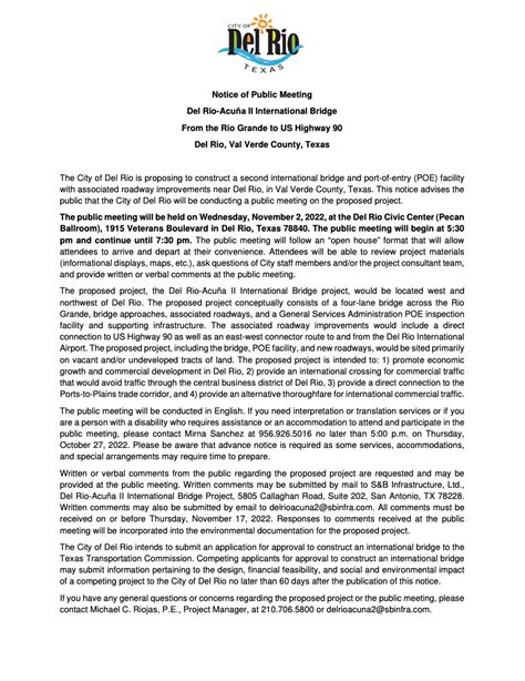Notice of Public Meeting, Del Rio-Acuña II International Bridge From ...