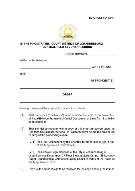 Evictions FORM A ( Court Order Section 4(2) Authorisation - EVICTIONS FORM ‘A’ IN THE ...