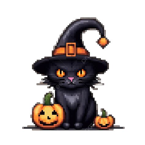 Halloween Pixel Black Cat Wearing Witch Hat With Pumpkin, 8bit, Cat Art ...