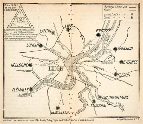 1914 Lithograph Map Battle Liége Belgium World War I Military Fort Plan ...