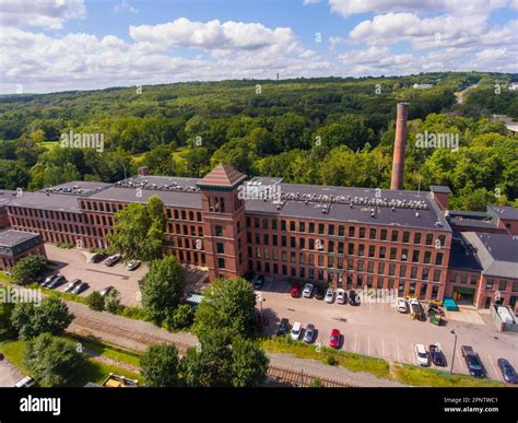 Ashton Mill aerial view at Blackstone River in historic town of ...