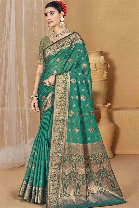 Rama Green Floral & Peacock Pattern Zari Woven Banarasi Silk Saree
