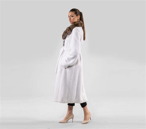Full Length White Mink Fur Coat With Sable Collar - Real Fur Coats