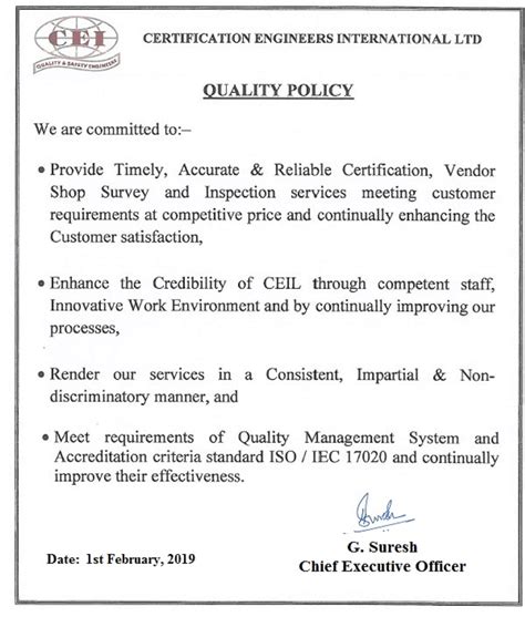 Certification Engineers - Quality Policy