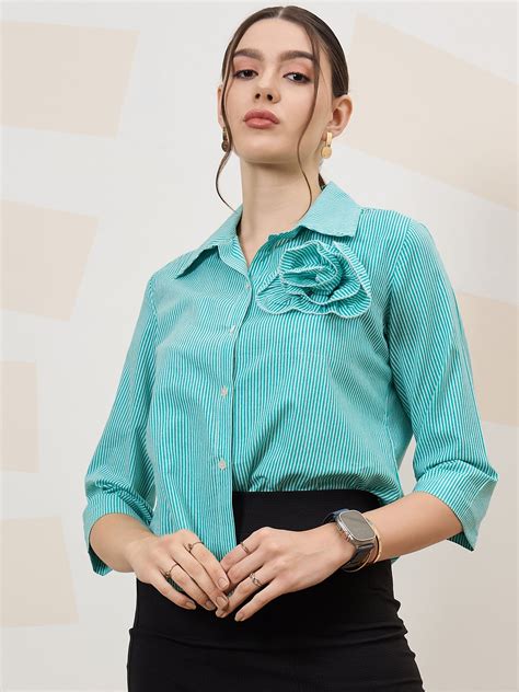 Athena Immutable Vertical Striped Floral Applique Cotton Shirt Style T ...