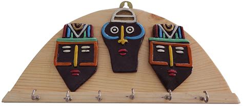 Masks of Tribal Couple on a Wooden Key Rack with 6 Hooks - Wall Hanging ...