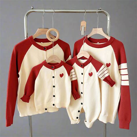 Matching Family Heart Embroidery Cardigans Cream and Red Knit Sweaters ...