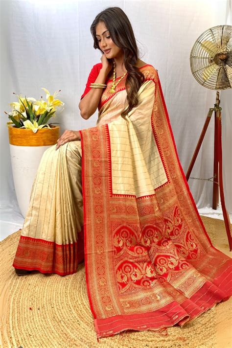 Trendy Beige Soft Banarasi Silk Saree With Classy Blouse Piece ...