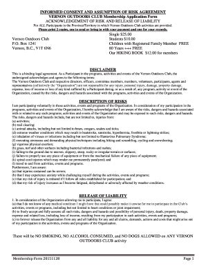 Fillable Online vernonoutdoorsclub INFORMED CONSENT AND ASSUMPTION OF ...