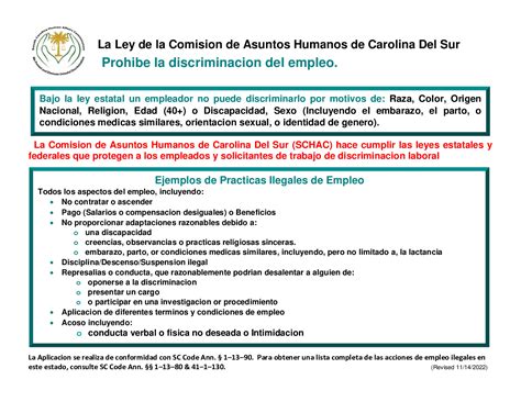 Free South Carolina Employment Discrimination Spanish Labor Law Poster 2025