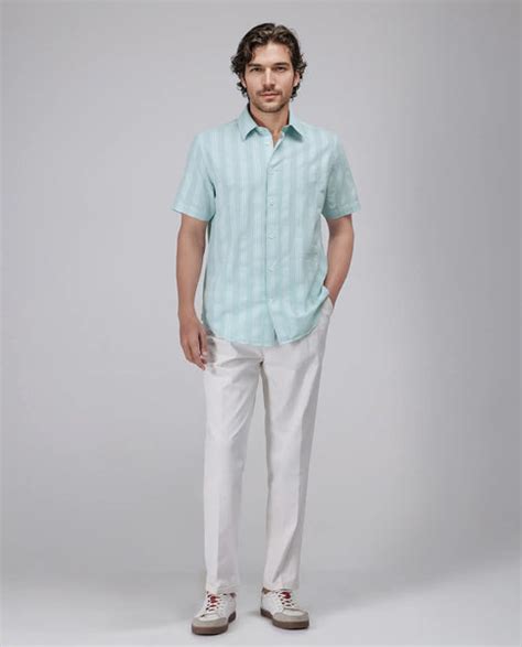 Rare Rabbit Men's Zark Pastel Green Cotton Striped Print Regular Fit H