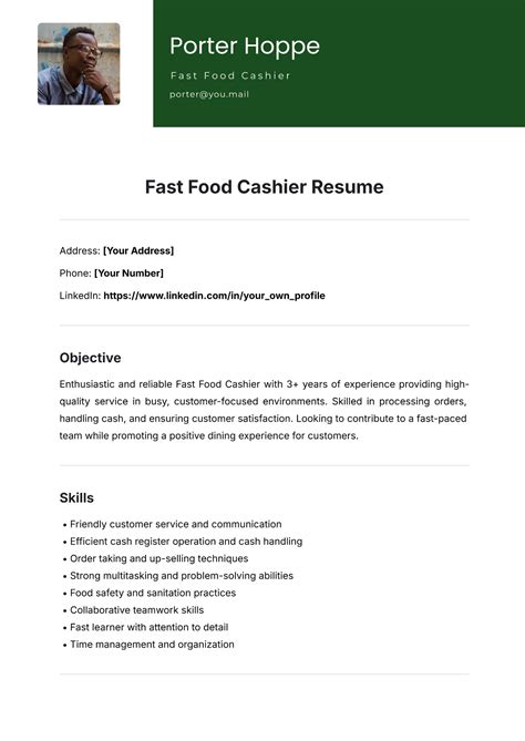 Fast Food Cashier Free Fast Food Cashier Resume Template To Edit