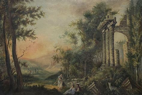 Unknown - Very Large Antique French Classical Romantic Oil Painting Ancient Ruin Landscape For ...
