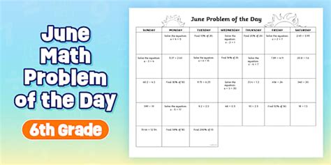 Sixth Grade 2025 Math Problem of the Day June Calendar