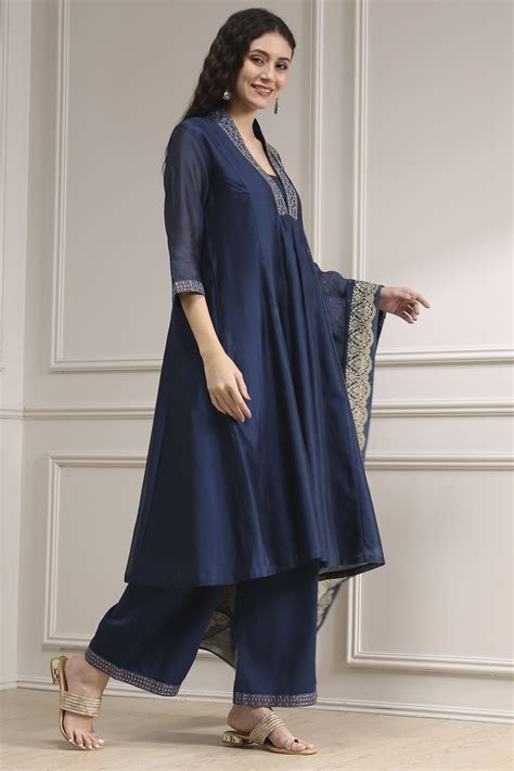 Buy Blue Chanderi Solid Gathered Suit Set Online at Biba India