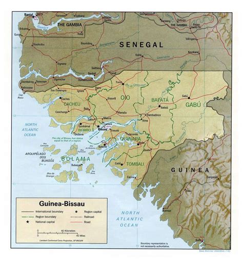 Detailed political and administrative map of Guinea-Bissau with relief, roads, railroads and ...
