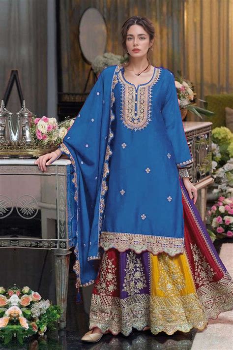 Wedding Style Pakistani Sharara Multi Color Ready To Wear Blue Heavy ...