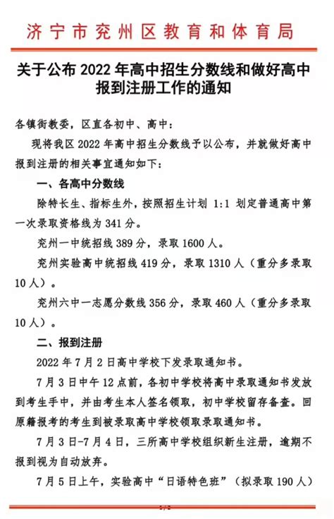 2022年济宁市兖州区中考录取分数线