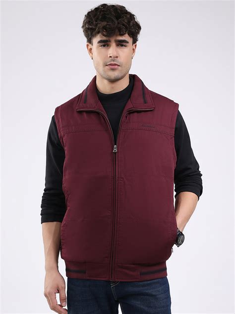 Buy Men Maroon Solid Collar Sleeveless Jacket Online in India - Monte Carlo