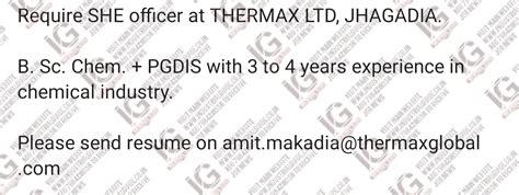 Thermax Limited Jhagadia jobs for Bsc Chemistry PGDIS apply now
