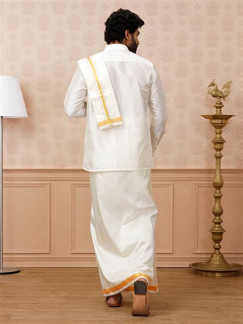 Men Pure Silk Cream with 1" inch Jari Border Dhoti Shirt & Towel Set