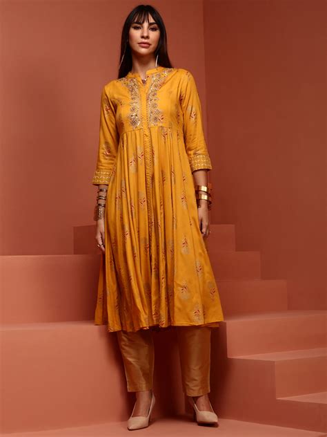 Yellow Printed Rayon Kurta – Imara