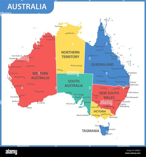 The detailed map of the Australia with regions or states and cities, capitals Stock Vector Image ...