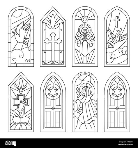 Stained glass outline patterns. Arched windows. Religious buildings elements. Mosaic biblical ...