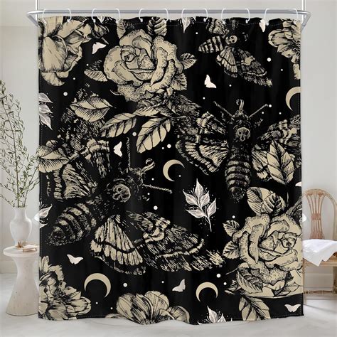 Xsinufn Gothic Moth Skull Shower Curtain Mysterious Butterfly Flowers ...