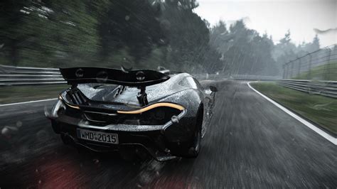 McLaren P1, rain, car, nurburgring, tail light, trees, race cars ...