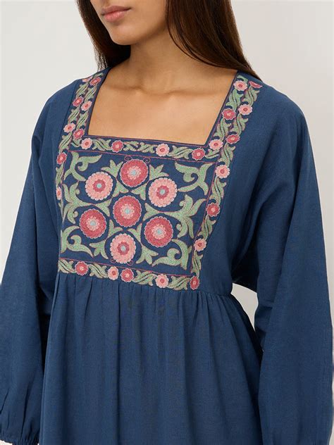 Buy Utsa Indigo Floral Embroidered Cotton A-Line Dress from Westside