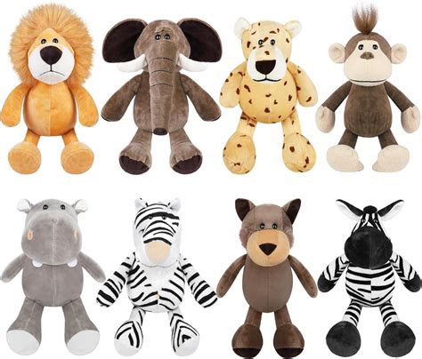 Elcoho 8 Pieces Safari Stuffed Animals Plush Jungle Animal Toys 9.8 ...