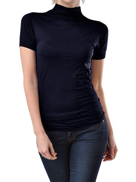 Women Seamless Short Sleeve Mock Neck Turtleneck Blouse Top Stretch Tee ...