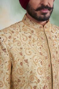 Buy Gold Raw , Cotton Thread Work Floral Embroidered Sherwani Set For ...