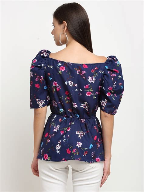 Emeros Off-the-Shoulder Puff Sleeve Navy Blue Peplum Top (Sweetheart Neck)