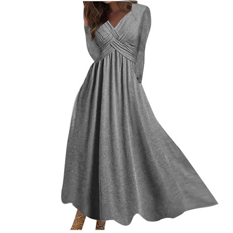 IROINNID Women's Deep Round Neck Long Sleeve Long Dresses Pleated High ...