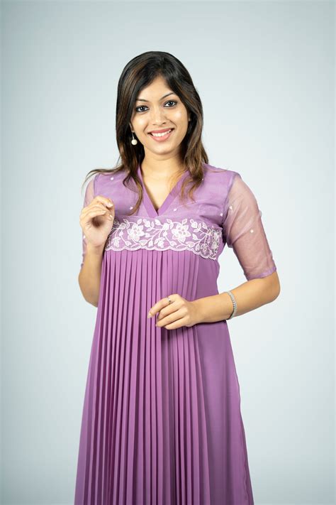 Lilac purple shaded georgette aline pleated kurti with scalloped organ ...