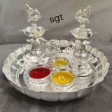 GAYATRI, GERMAN SILVER FLOWER CUT DESIGN PLATE WITH PANCHWALA AND DEEP ...