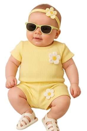 Buy Baby Girl Summer Outfit Set, Yellow Ribbed Cotton, Daisy Appliques ...