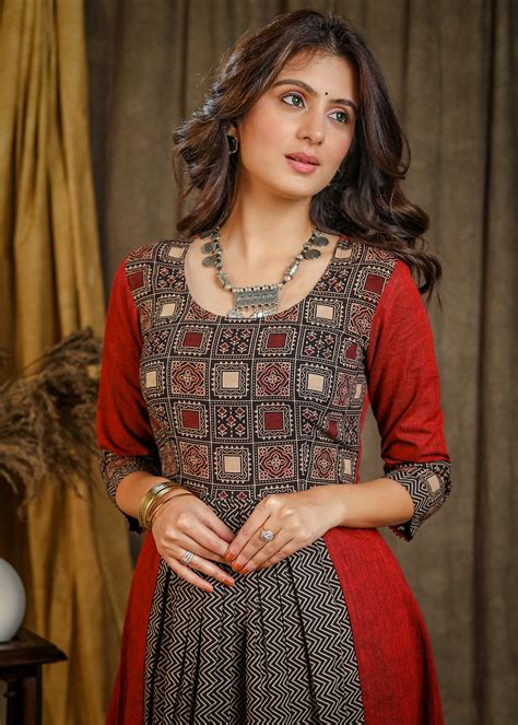 A-Line Cotton Ajrakh Combination Kurta with Gathers in front- Matching ...