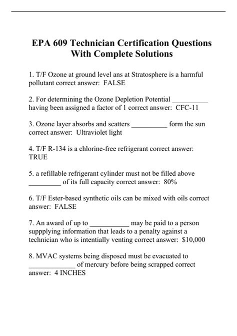 EPA 609 Technician Certification Questions With Complete Solutions ...