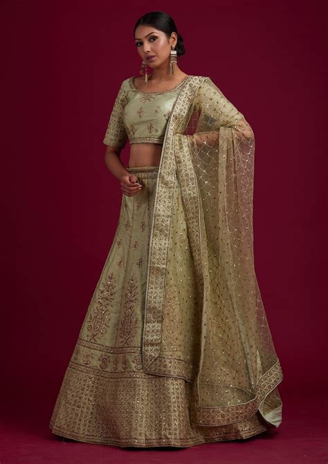Buy Pista Green Zariwork Raw Silk Semi Stitched Lehenga - Koskii