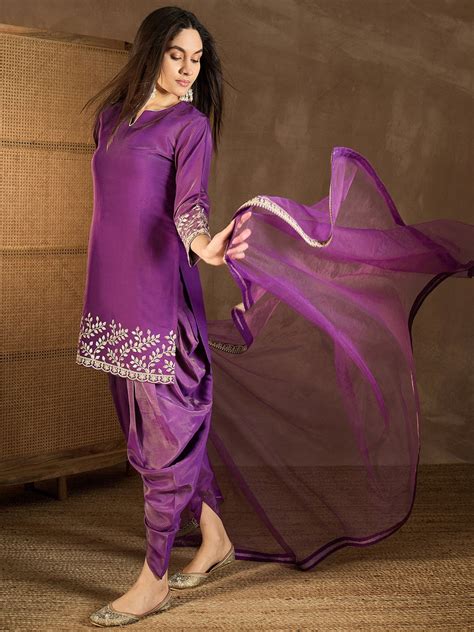 Floral Embroidered Notch Neck Sequinned Kurta With Dhoti Pants & Dupat ...