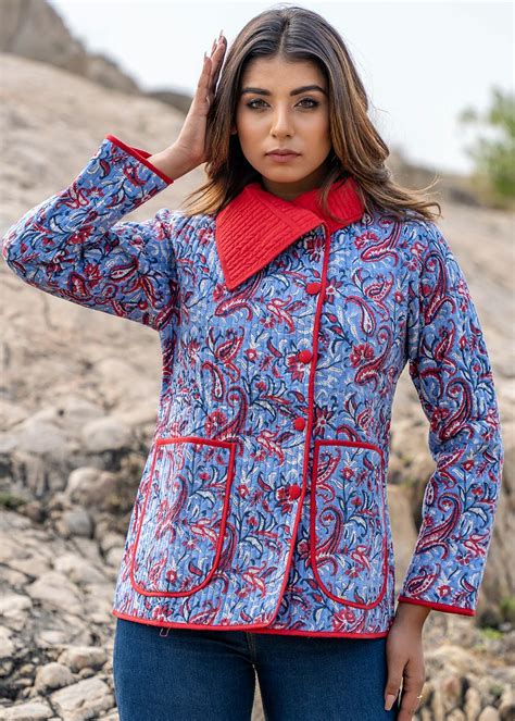 Get Blue and Red Floral Block Print Quilted Bukhara Jackets at ₹ 2500 ...