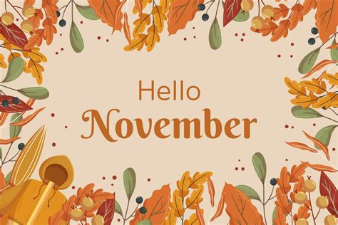 Hello November background design with different leaves branches ...