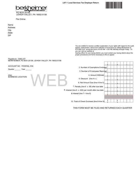 Fillable Form Lst-1 - Local Services Tax Employer Return printable pdf ...