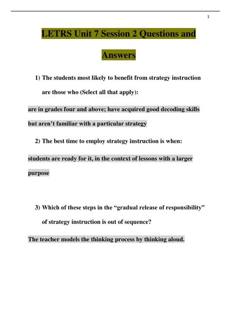 LETRS Unit 7 Session 2 Questions and Answers - Letrs - Stuvia US
