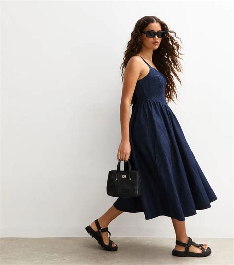 New Look Women's Petite Blue Denim Look V Waist Midi Dress - Now 40% off