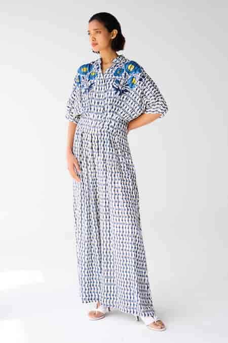 Buy White Cotton, Twill Embroidery Collared Designer Floral Print ...