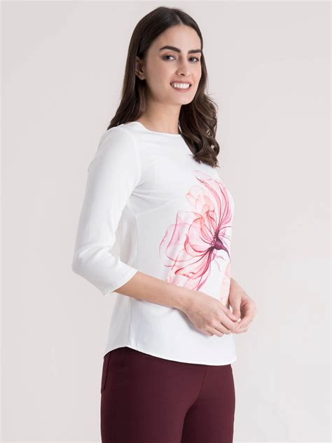 Buy White and Pink Boat Neck Placement Print Top Online | FableStreet